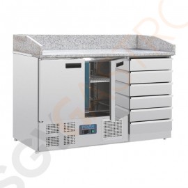 Polar Serie G 2-türiger Pizzakühltisch mit Marmorfläche und 6 Schubladen 257L 230V | Arbeitsfläche: 142 x 70cm | (Nutz)Kapazität: 257L/201L | 2 Türen | 6 Schubladen