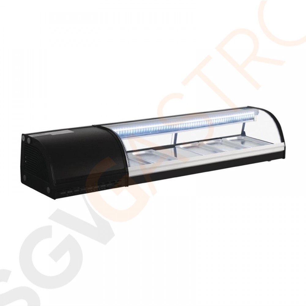 Polar Serie G Kühlvitrine für Sushi 150cm Kapazität: 5 x GN1/3 | 150cm breit | Schwarz Polar Serie G Kühlvitrine für Sushi 150cm Kapazität: 5 x GN1/3 | 150cm breit | Schwarz