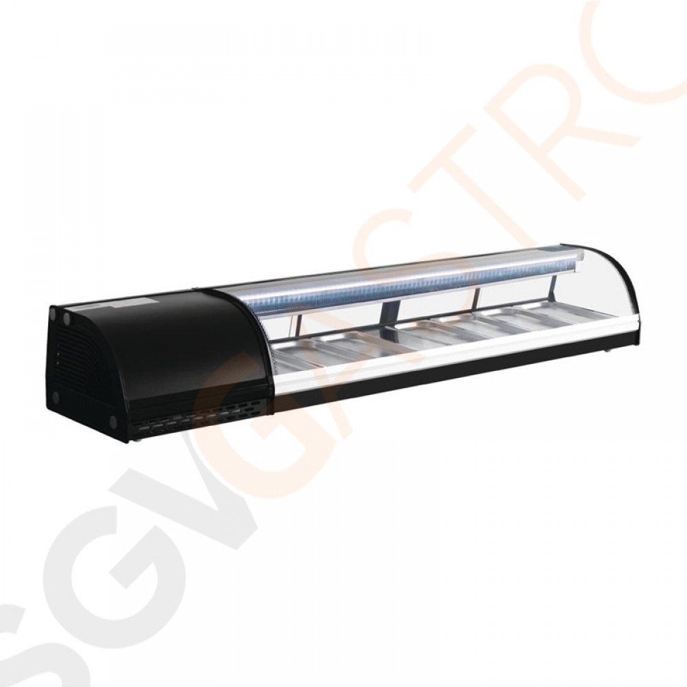 Polar Serie G Kühlvitrine für Sushi 180cm Kapazität: 7 x GN1/3 | 180cm breit | Schwarz Polar Serie G Kühlvitrine für Sushi 180cm Kapazität: 7 x GN1/3 | 180cm breit | Schwarz