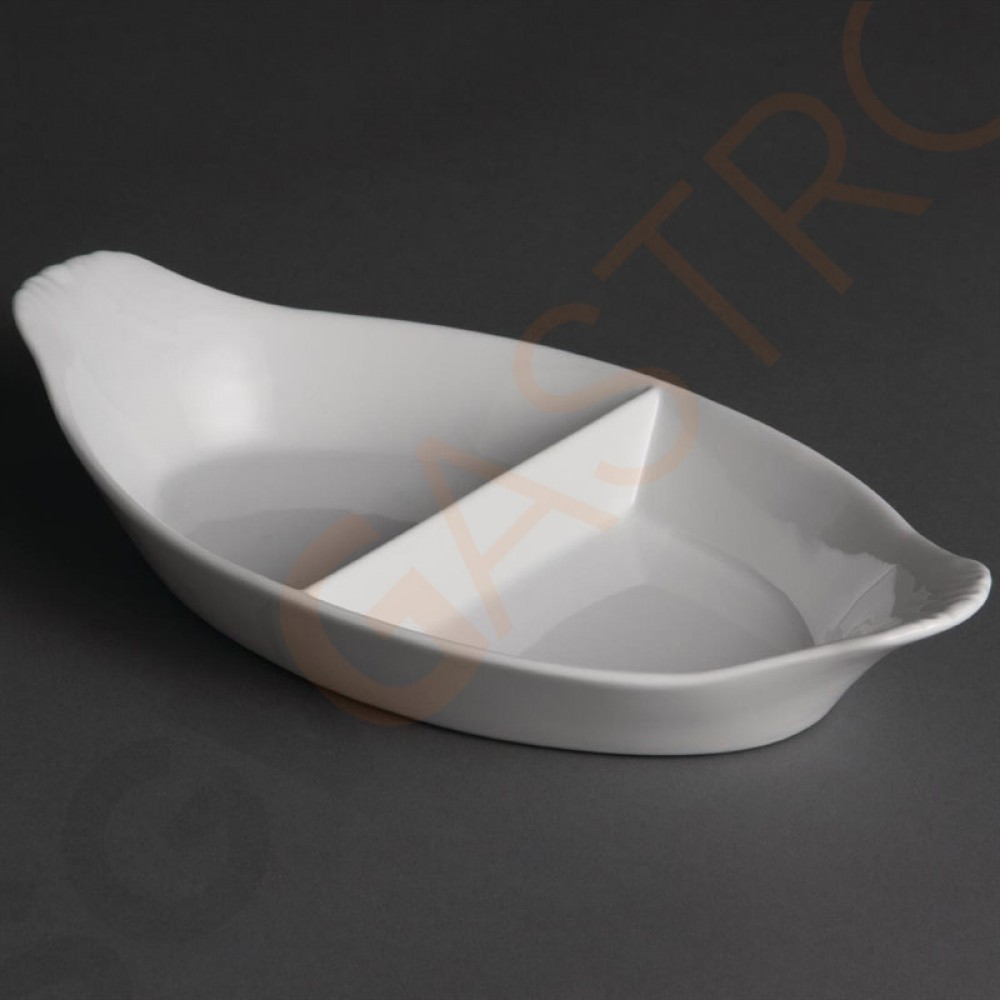 Olympia Whiteware ovale geteilte Gratinschalen weiß 29,5 x 15,5cm 6 Stück | 4,6(H) x 29,5(B) x 15,5(T)cm | Porzellan Olympia Whiteware ovale geteilte Gratinschalen weiß 29,5 x 15,5cm 6 Stück | 4,6(H) x 29,5(B) x 15,5(T)cm | Porzellan